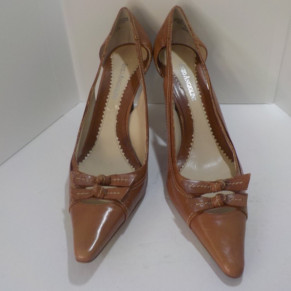Enzo Angiolini, Camel Colored, Leather 3" Pumps with Double Bow Detail